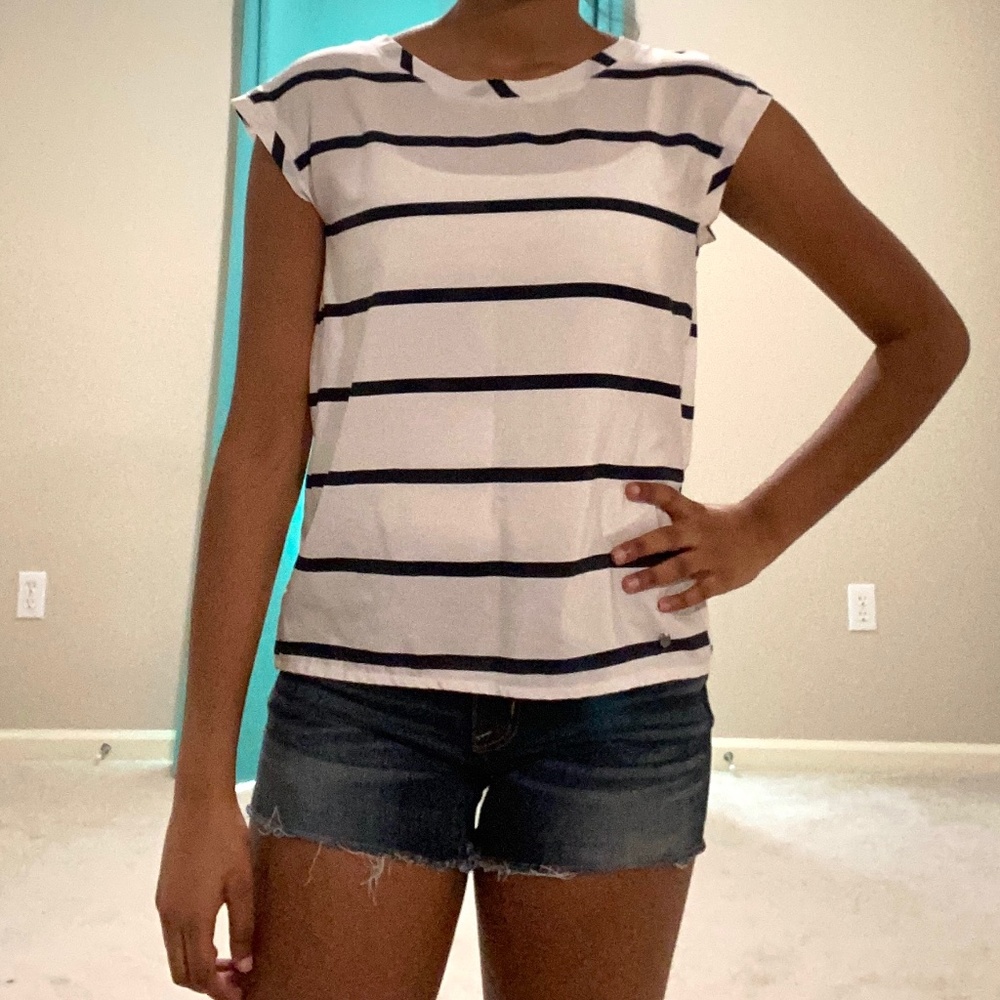 Navy Striped Split Back Silky Blouse